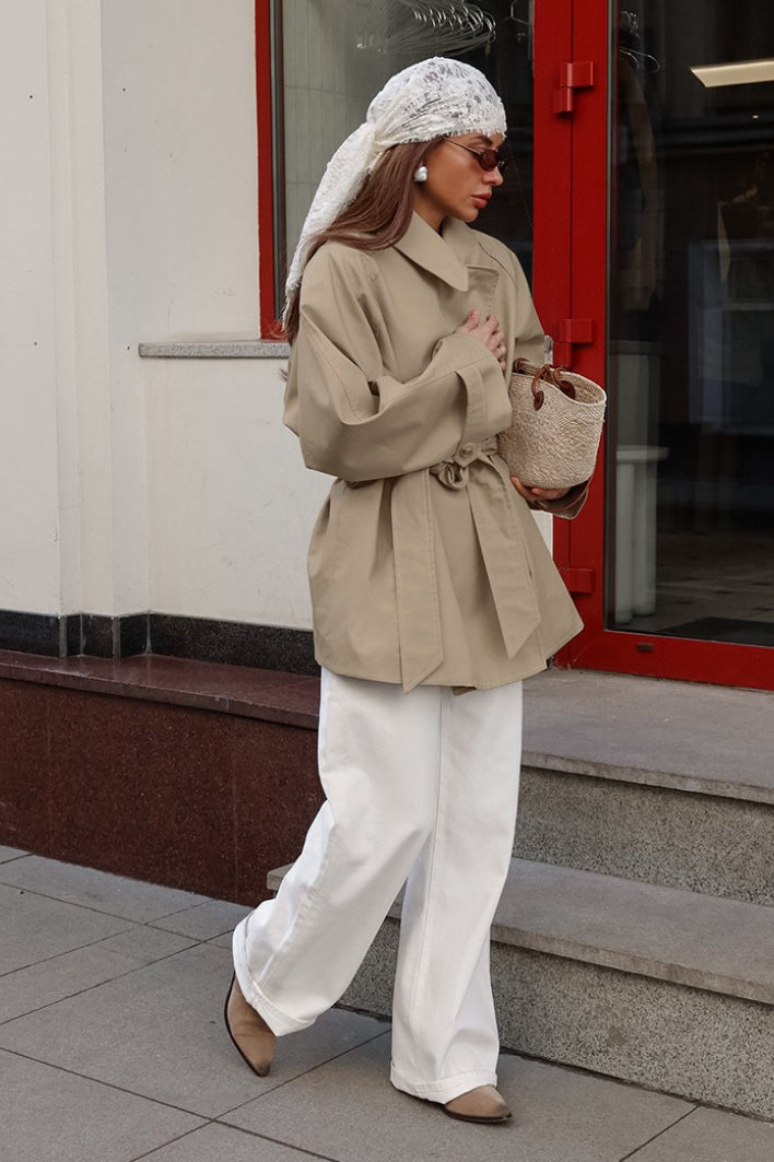 Élise - Trench Femme Court d'Automne avec Ceinture et Col Cranté