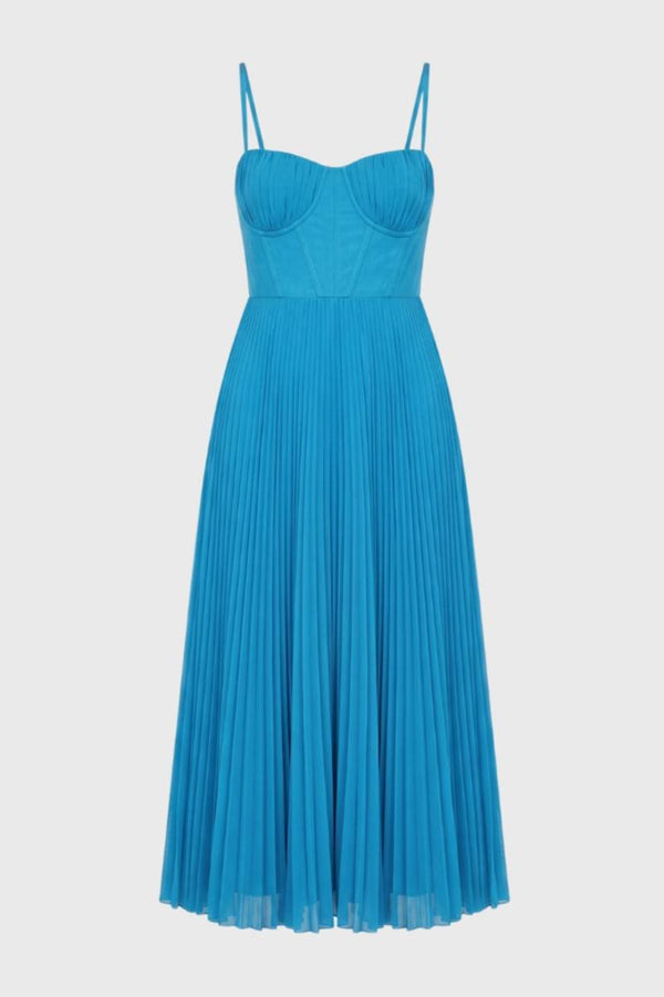 Robe Midi Femme - Bustier Plissée Bretelles Fines | Élégante — Bleu