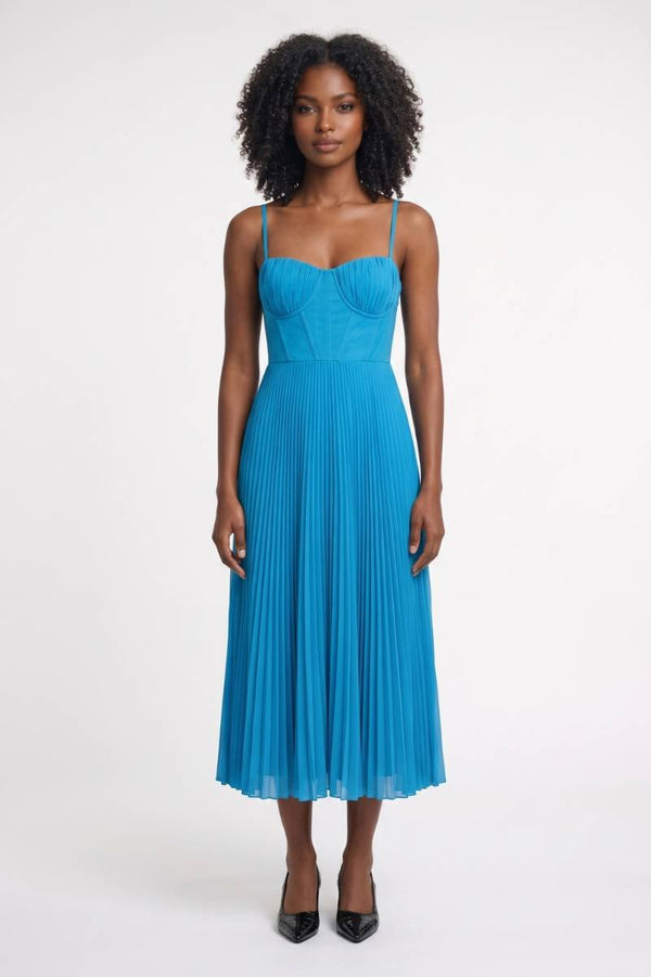 Robe Midi Femme - Bustier Plissée Bretelles Fines | Élégante — Bleu